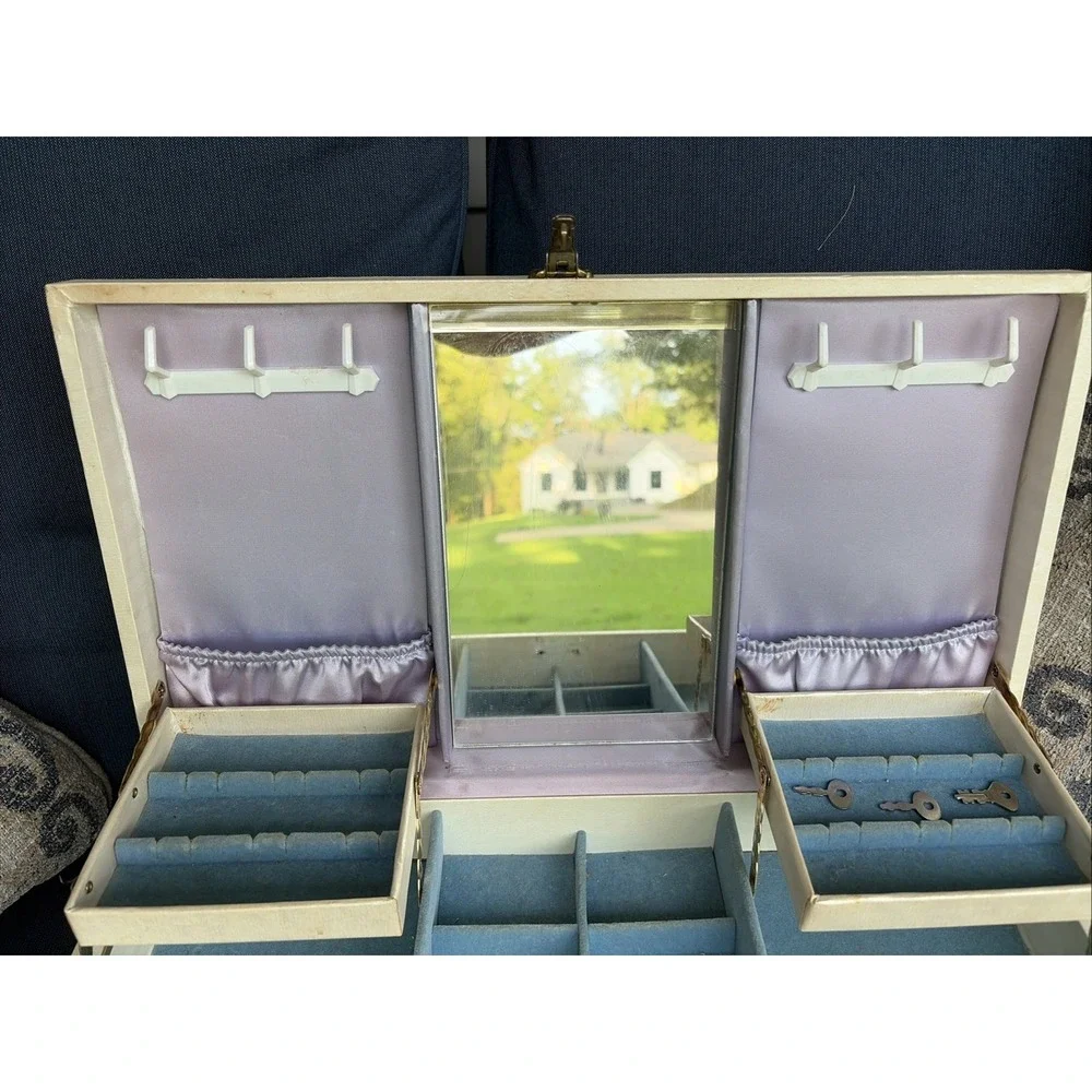 Vintage Ladies Jewelry Box Self Opening Drawer Blue Lavender Velvet Beige MCM